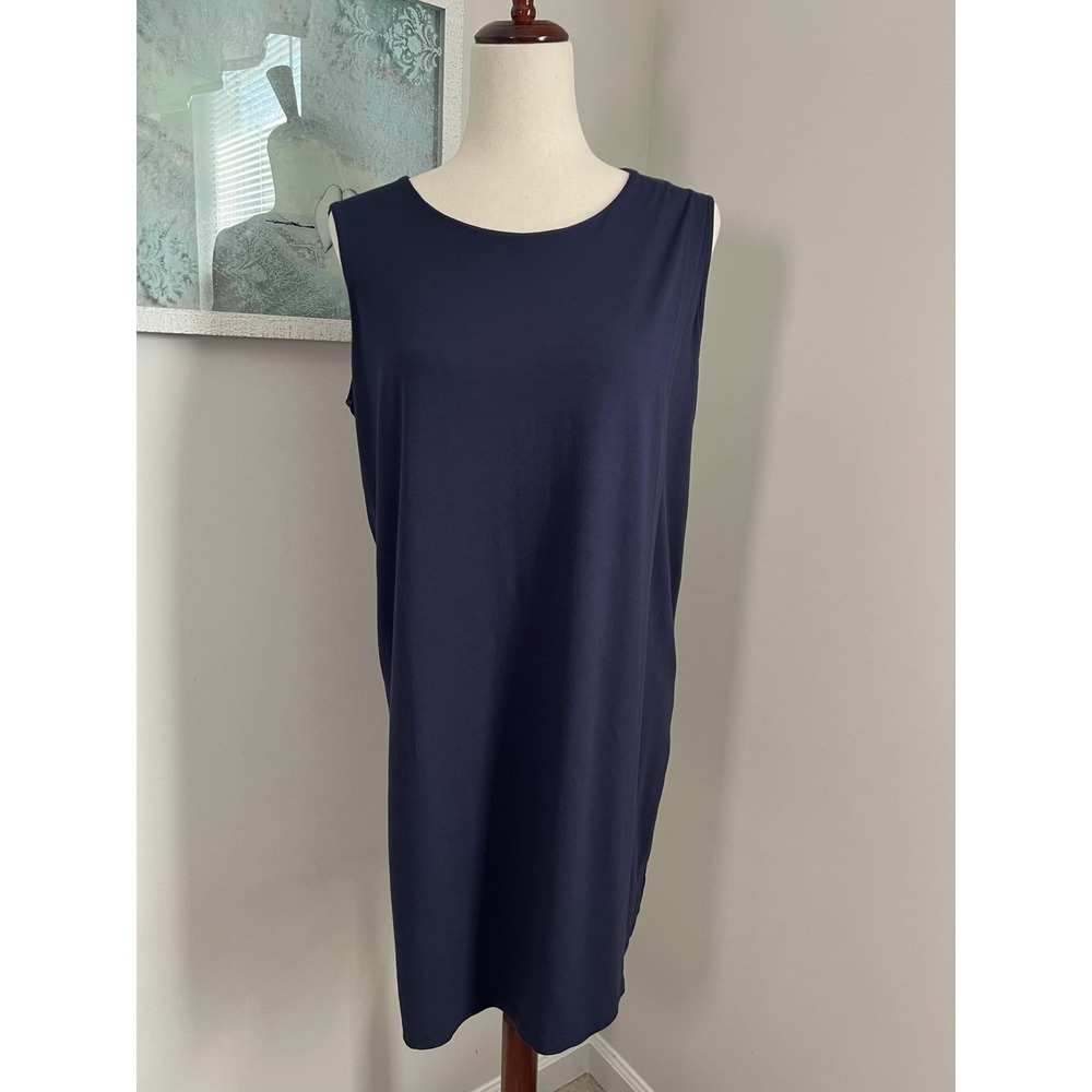 Eileen Fisher Dress Petite Small Navy Blue Jersey Shift Knee Length Minimalist